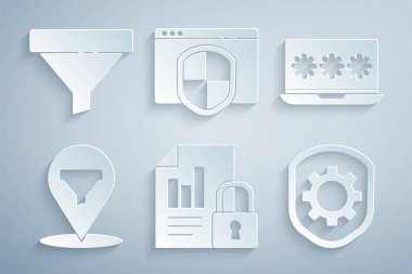 Set Document and lock, Laptop with password, Location sales funnel, Shield settings gear, Browser shield and Sales icon. Vector