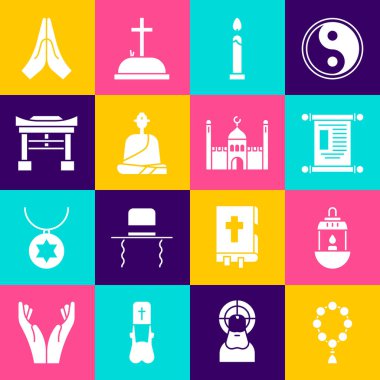 Set Rosary beads religion, Ramadan Kareem lantern, Decree, paper, parchment, scroll, Burning candle, Buddhist monk, Japan Gate, Hands praying position and Muslim Mosque icon. Vector