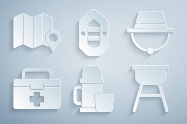 Set Thermos container and cup, Camping hat, First aid kit, Barbecue grill, Rafting boat and Location of the forest map icon. Vector