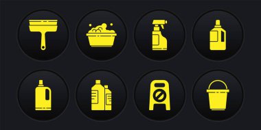 Set Fabric softener, Bottles for cleaning agent, Wet floor and progress, Spray bottle with detergent liquid, Plastic basin soap suds, Bucket and Rubber cleaner windows icon. Vector