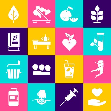 Set Heart in hand, Ginger root, Laboratory glass leaves, Citrus fruit, Massage table with oil, Medical book, Leaf and icon. Vector