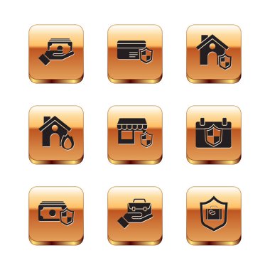 Set Stacks paper money cash, Money with shield, Hand holding briefcase, Shopping building, Fire burning house, House, Travel suitcase and Credit card icon. Vector