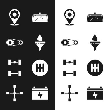 Set Funnel and oil drop, Timing belt kit, Car service, mirror, Chassis car, Gear shifter, battery and Wheel wrench icon. Vector