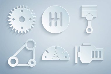 Set Speedometer, Engine piston, Timing belt kit, Check engine, Gear shifter and icon. Vector