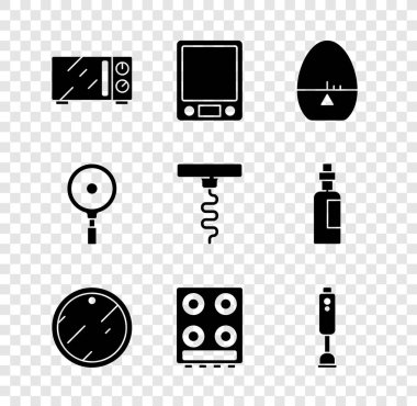 Set Microwave oven, Electronic scales, Kitchen timer, Cutting board, Gas stove, Blender, Frying pan and Wine corkscrew icon. Vector
