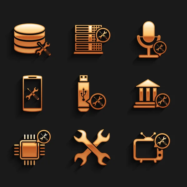 Set USB flash drive service, Crossed wrenchs, Tv, Bank building, Processor, Smartphone, Microphone and Database server icon. Vector — Image vectorielle
