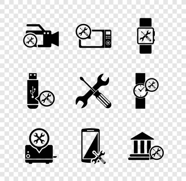 Set Video camera service, Microwave oven, Smartwatch, Toaster, Smartphone, Bank building, USB flash drive and Crossed screwdriver and wrench icon. Vector — Stock Vector