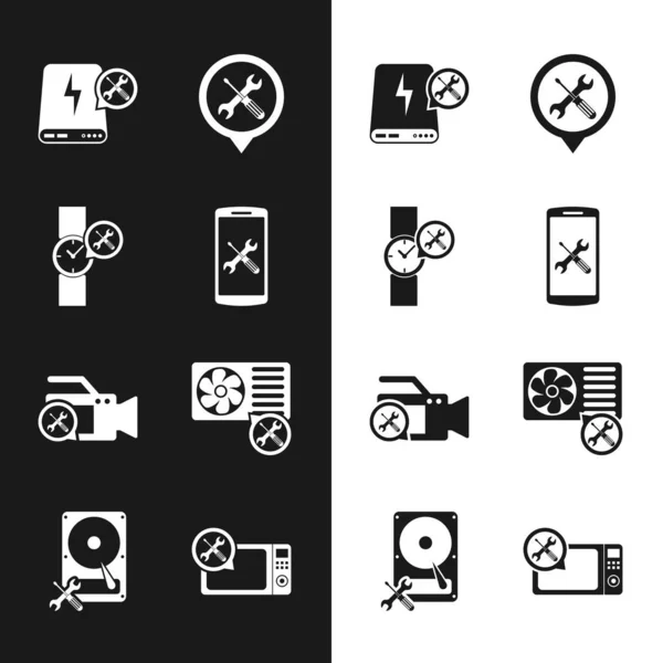 Set Smartphone service, Wrist watch, Power bank, Location, Video camera, Air conditioner, Microwave oven and Hard disk drive icon. Vector — Image vectorielle