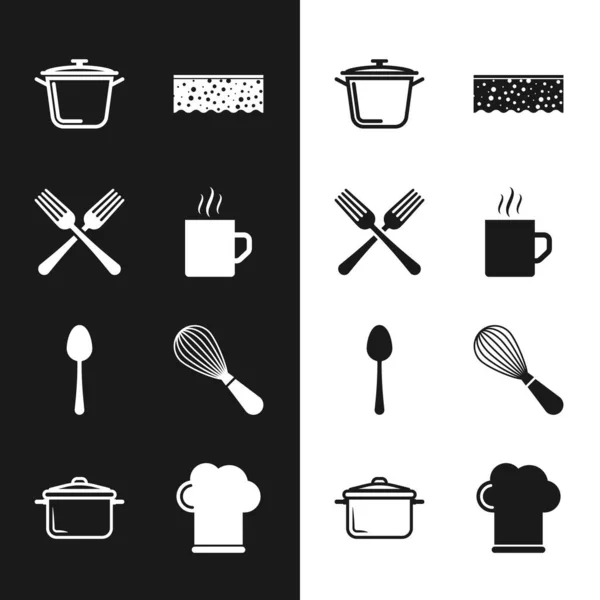 Set Kaffeetasse, Gabel, Kochkanne, Biskuitteig mit Blasen, Löffel, Schneebesen, Kochmütze und Symbol. Vektor — Stockvektor