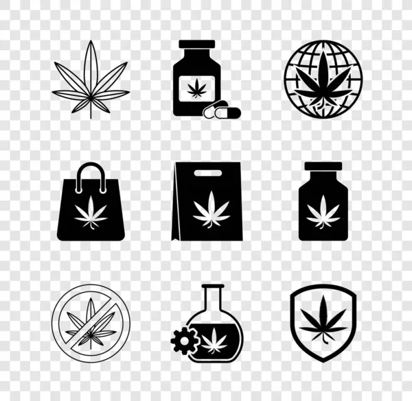 设置大麻或大麻叶，药瓶与大麻，合法化，停止，试管，盾牌和，购物袋和图标。B.病媒 — 图库矢量图片