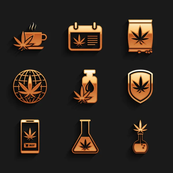 Conjunto de marihuana o aceite de hoja de cannabis, Tubo de ensayo con marihuana, Escudo y, Compra en línea, Legalizar, semillas y taza de té icono. Vector — Archivo Imágenes Vectoriales