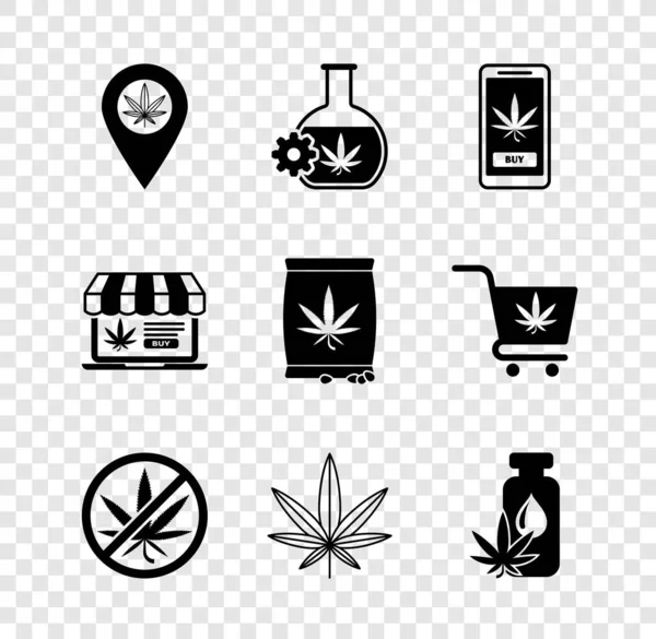 Set konumu ve marihuana, test tüpü ile çevrimiçi satın alma, Stop, Marijuana veya kenevir yaprağı, yağ ve tohum ikonu. Vektör — Stok Vektör