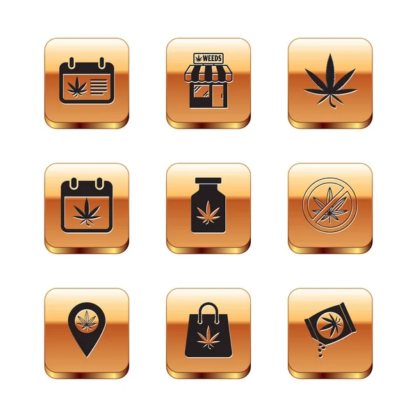 Set Calendar and marijuana, Location, Shopping bag of, Medical bottle with, Marijuana or cannabis leaf, seeds and store icon. Vector — Archivo Imágenes Vectoriales