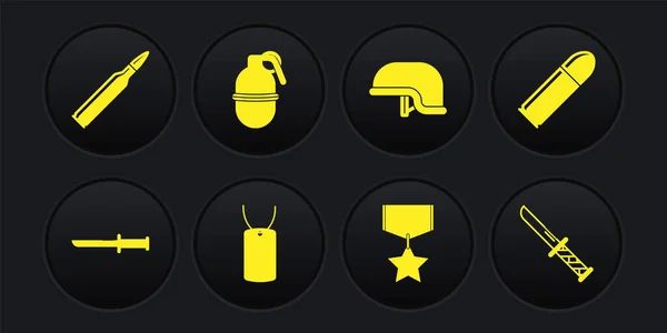 Set Military knife, Bullet, dog tag, reward medal, helmet, Hand grenade, and icon. Vector — Archivo Imágenes Vectoriales