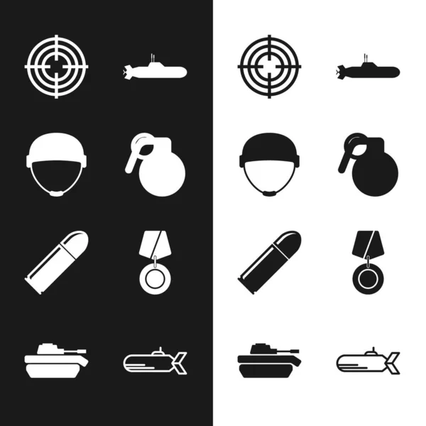 Set Hand grenade, Military helmet, Target sport, Submarine, Bullet, reward medal, and tank icon. Vector — Vector de stock