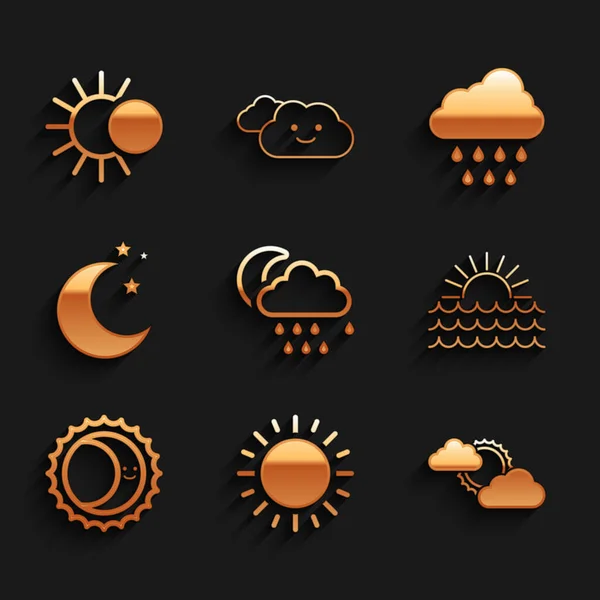 Set Cloud with rain and moon, Sun, cloud weather, Sunset, Eclipse of sun, Moon stars, and icon. Vector — Stock Vector