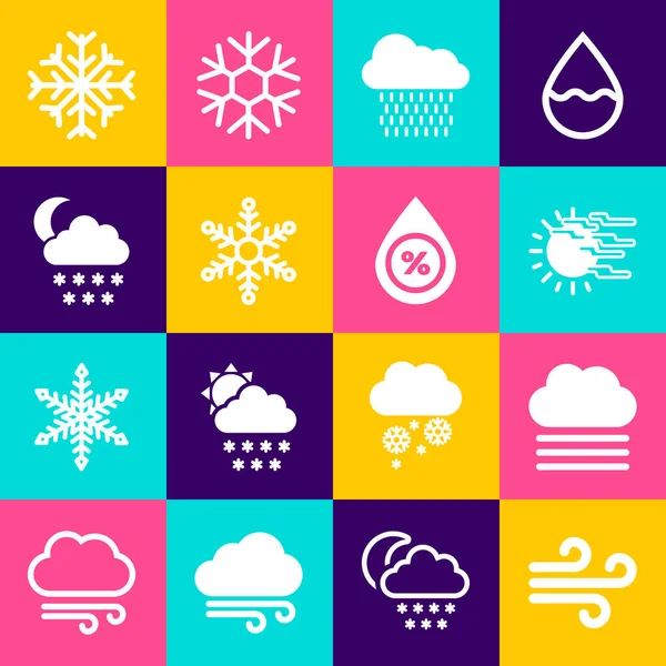 Set Wind, Fog and cloud, sun, Cloud with rain, Snowflake and snow moon icon. Vector — Vettoriale Stock