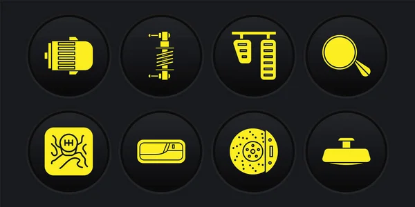 Set Gear shifter, Car mirror, door handle, brake disk with caliper, gas pedals, Shock absorber, and Electric engine icon. Vector — Vettoriale Stock