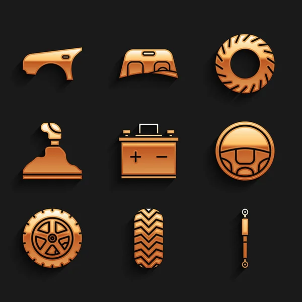 Set Car battery, tire, Shock absorber, Steering wheel, Gear shifter, and fender icon. Vector — Vettoriale Stock