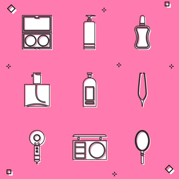 Set Makeup powder with mirror, Cream cosmetic tube, Nail polish bottle, Perfume, Bottle of shampoo, Eyebrow tweezers, Hair dryer and shadow palette icon. Vector — Image vectorielle