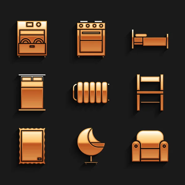 Set Heating radiator, Armchair, Chair, Picture, Big bed, Bed and Kitchen dishwasher machine icon. Vector — Stock vektor