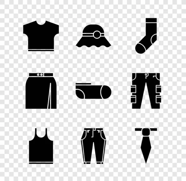 Set T-shirt, Elegant women hat, Socks, Sleeveless, Pants, Tie, Skirt and Sport socks icon. Vector — Stockvektor