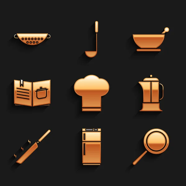 Set Chef hat, Refrigerator, Frying pan, French press, Cookbook, Mortar and pestle and Kitchen colander icon. Vector — Wektor stockowy