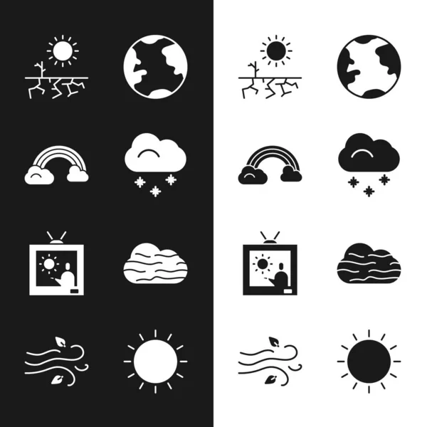 Set Cloud with snow, Rainbow clouds, Drought, Earth globe, Weather forecast, Fog and, Sun and Wind icon. Vector — Vetor de Stock