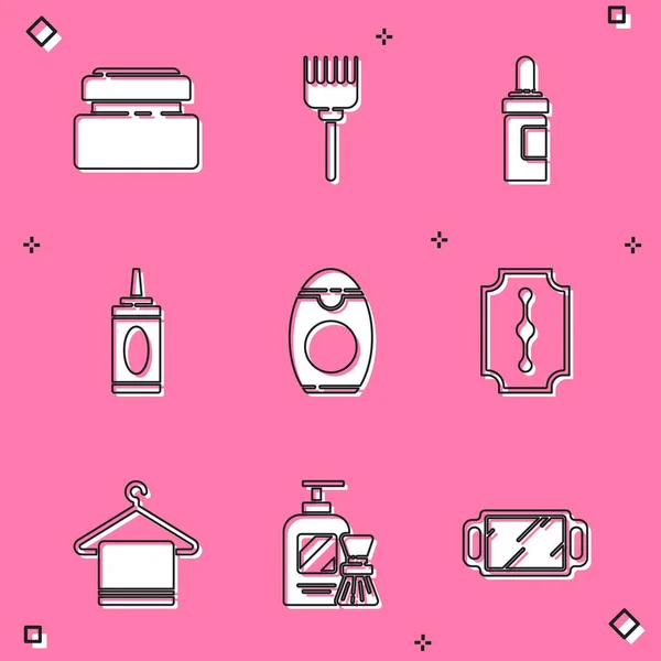 Set Cream or lotion cosmetic tube, Hairbrush, Beard and mustaches care oil bottle, Bottle of shampoo, Blade razor, Towel hanger and Shaving gel foam icon. Vector — Image vectorielle
