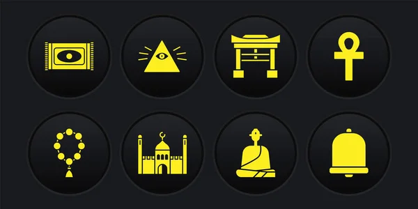 Set Rosary beads religion, Cross ankh, Muslim Mosque, Buddhist monk, Japan Gate, Masons, Church bell and Traditional carpet icon. Vector — Archivo Imágenes Vectoriales