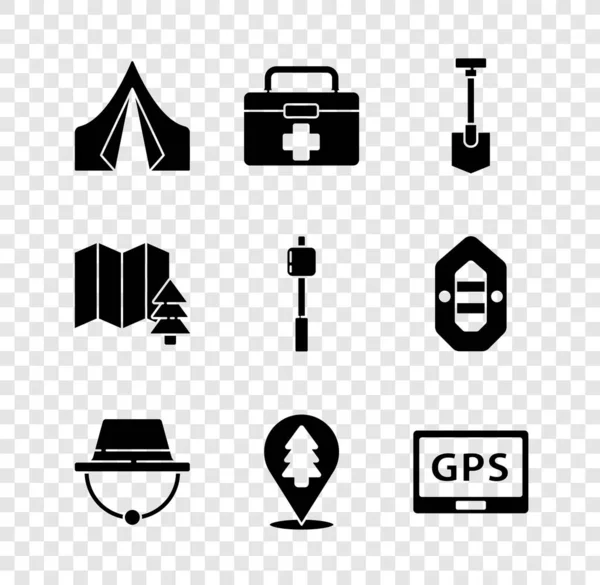 Set Turistický stan, První pomoc kit, Shovel, Camping klobouk, Umístění lesa, GPS zařízení s mapou, a marshmallow hůl ikona. Vektor — Stockový vektor