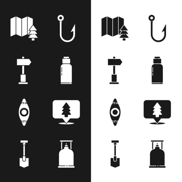 Set Canteen water bottle, Road traffic signpost, Location of the forest, Fishing hook, Kayak canoe, Camping gas stove and Shovel icon. Vector — Stock Vector