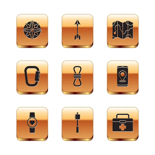 Set Wind rose, Smart watch showing heart beat rate, Marshmallow on stick, Climber rope, Carabiner, Location of the forest map, First aid kit and Hipster arrow icon. Vector — Διανυσματικό Αρχείο