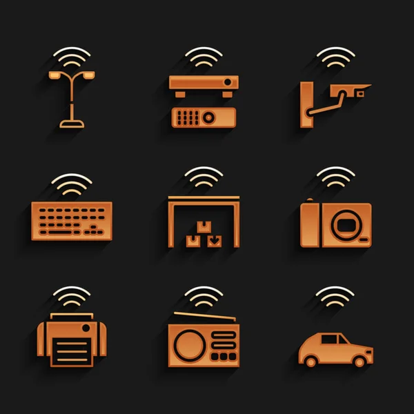 Set Smart magazijn, radio, auto-systeem met draadloos, fotocamera, printer, draadloos toetsenbord, beveiliging en straatlantaarnpictogram. Vector — Stockvector