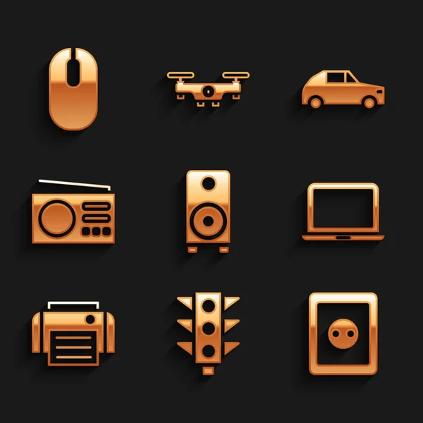 Set Stereo speaker, Traffic light, Electrical outlet, Laptop, Printer, Radio, Car and Computer mouse icon. Vector — Image vectorielle