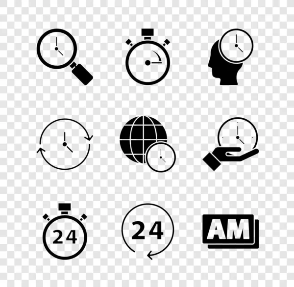 Set lupa con reloj, cronómetro, gestión del tiempo, 24 horas, reloj, AM, y el icono de la hora mundial. Vector — Archivo Imágenes Vectoriales