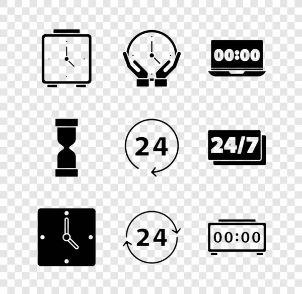 Установите будильник, часы, на ноутбуке, 24 часа, цифровая сигнализация, старые песочные часы и иконка. Вектор — стоковый вектор