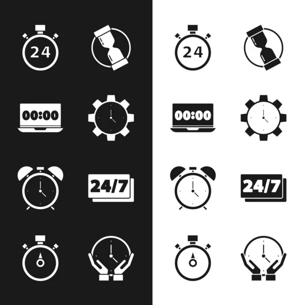Set Time Management, Clock on laptop, Stopwatch 24 hours, Old hourglass, Alarm clock, and icon. Vector — Wektor stockowy
