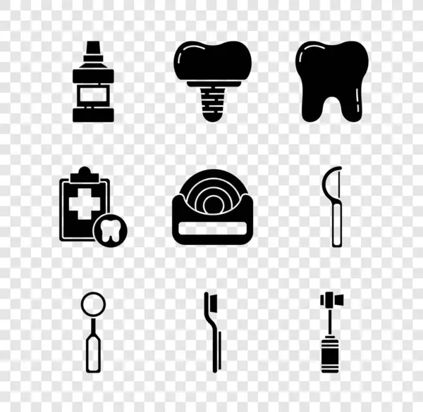 Set Mouthwash bottle, Dental implant, Tooth, inspection mirror, Toothbrush, card and floss icon. Vector — Vector de stock