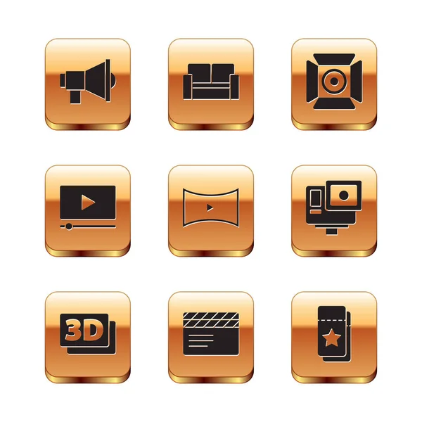 Set Megaphone, 3D word, Movie clapper, Online play video, spotlight, Cinema ticket and chair icon. Vector — Wektor stockowy