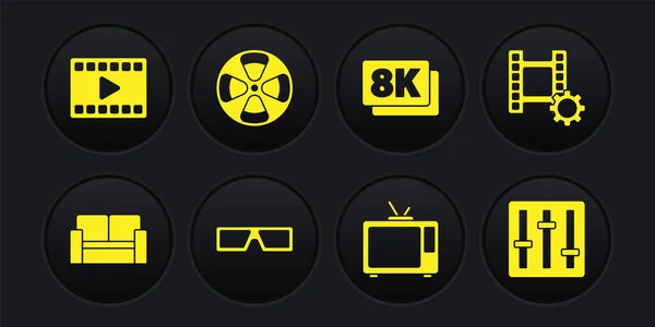 Set Cinema chair, Play Video, 3D cinema glasses, Retro tv, 8k Ultra HD, Film reel, Sound mixer controller and icon. Vector — Archivo Imágenes Vectoriales