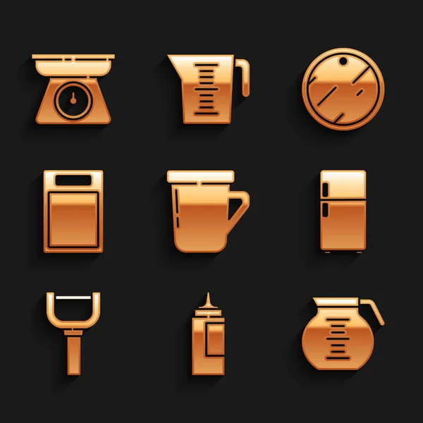 Set Coffee cup, Sauce bottle, pot, Refrigerator, Peeler, Cutting board, and Scales icon. Vector — Stock vektor