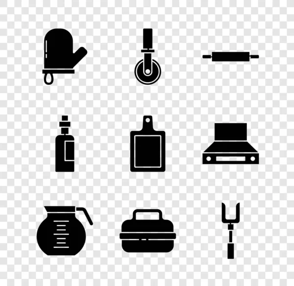 Set Oven glove, Pizza knife, Rolling pin, Coffee pot, Cooking, Barbecue fork, Bottle olive oil and Cutting board icon. Vector —  Vetores de Stock