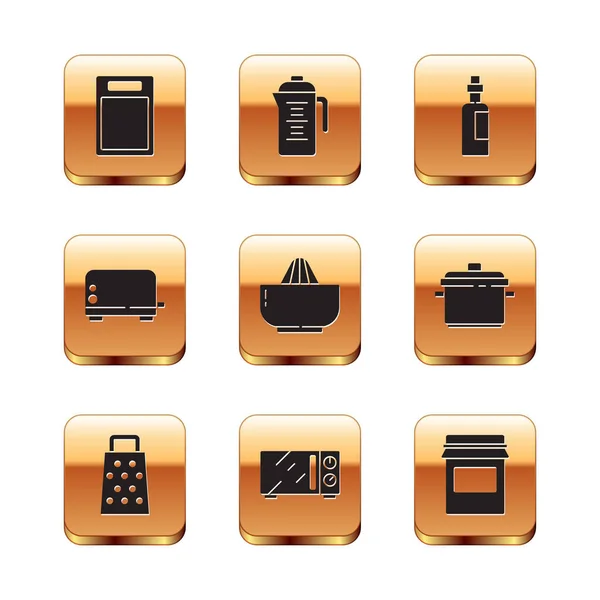 Set Cutting board, Grater, Microwave oven, Citrus fruit juicer, Toaster, Bottle of olive oil, Jam jar and Teapot icon. Vector — Archivo Imágenes Vectoriales