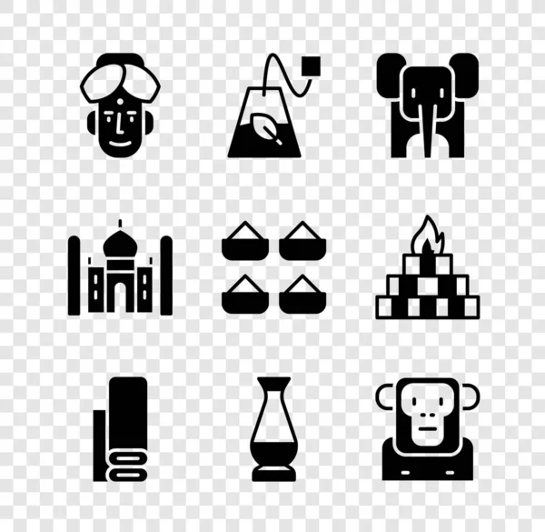 Set indischen Mann, Teebeutel, Elefant, Textilstoff, Vase, Affe, Taj Mahal und Gewürz-Ikone. Vektor — Stockvektor