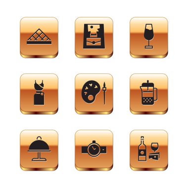 Set Louvre museum, Covered with tray, Wrist watch, Paint brush palette, Woman dress, Wine glass, bottle cheese and Handbag icon. Vector