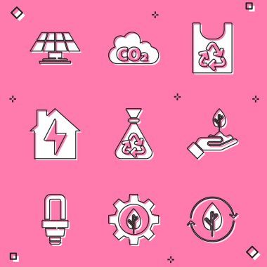 Set Solar energy panel, CO2 emissions in cloud, Plastic bag with recycle, House and lightning, Garbage, Plant hand, LED bulb and Leaf plant gear machine icon. Vector