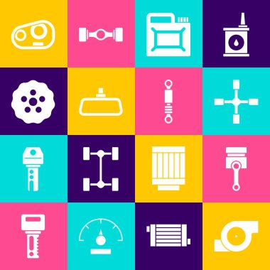 Set Automotive turbocharger, Engine piston, Wheel wrench, Canister for motor oil, Car mirror, Gear, headlight and Shock absorber icon. Vector