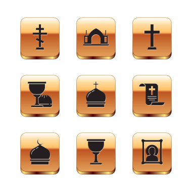 Set Christian cross, Muslim Mosque, Holy grail or chalice, Church tower, icon and Hindu spiritual temple icon. Vector