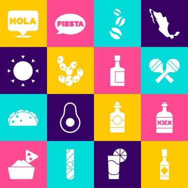Set Tabasco sauce, Tequila bottle, Maracas, Coffee beans, Cactus, Sun, Hola and icon. Vector